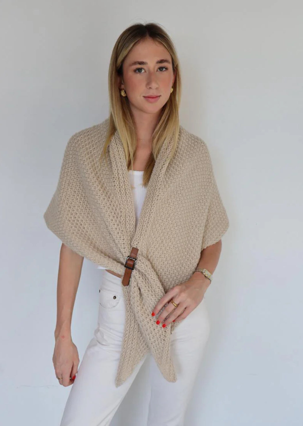 Buckle Wrap Knitted Poncho - Camel